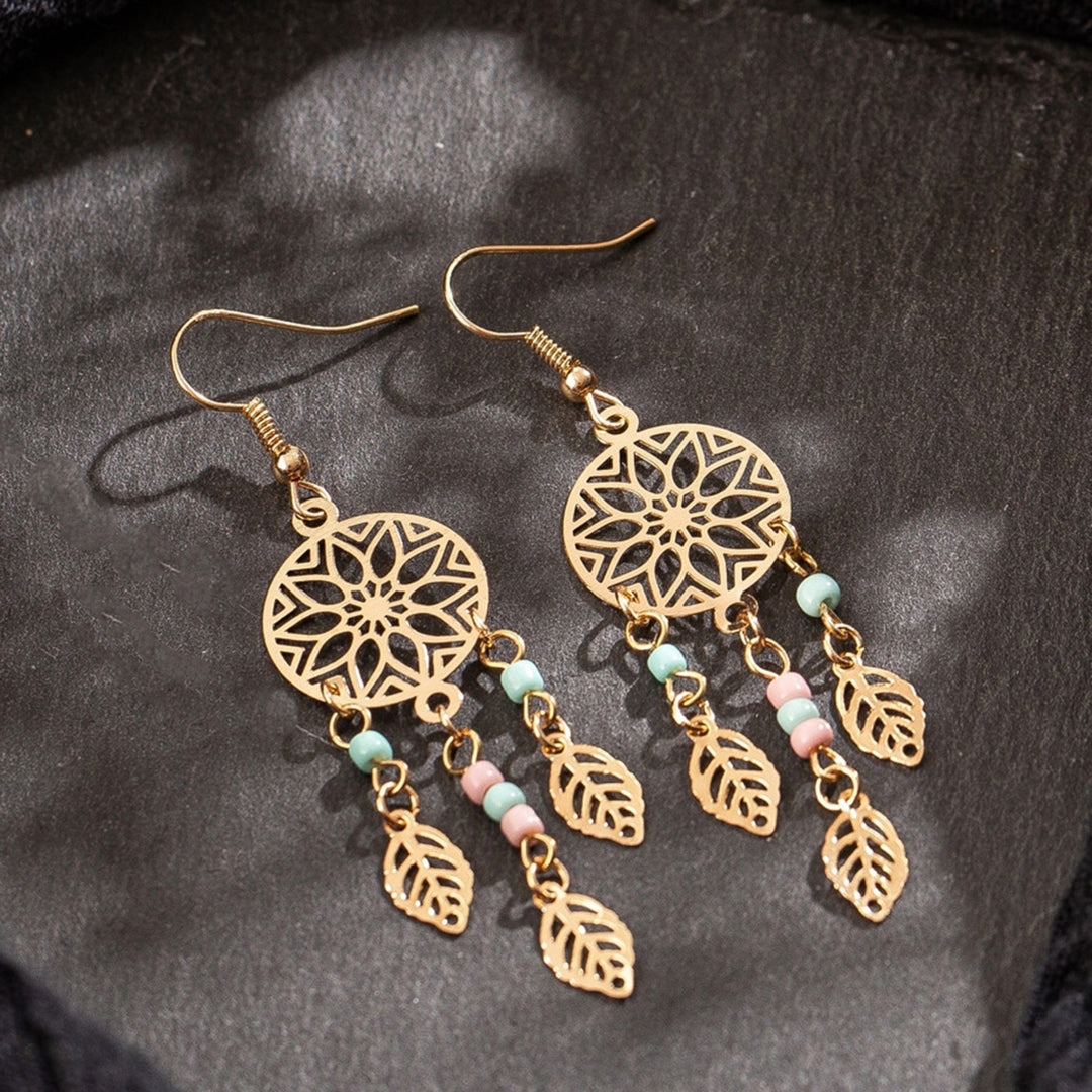 1 Pair Women Earrings Leaf Shape Tassel Beads Durable Lady Hook Earrings for Gift Image 1