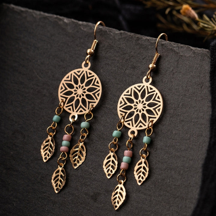 1 Pair Women Earrings Leaf Shape Tassel Beads Durable Lady Hook Earrings for Gift Image 2