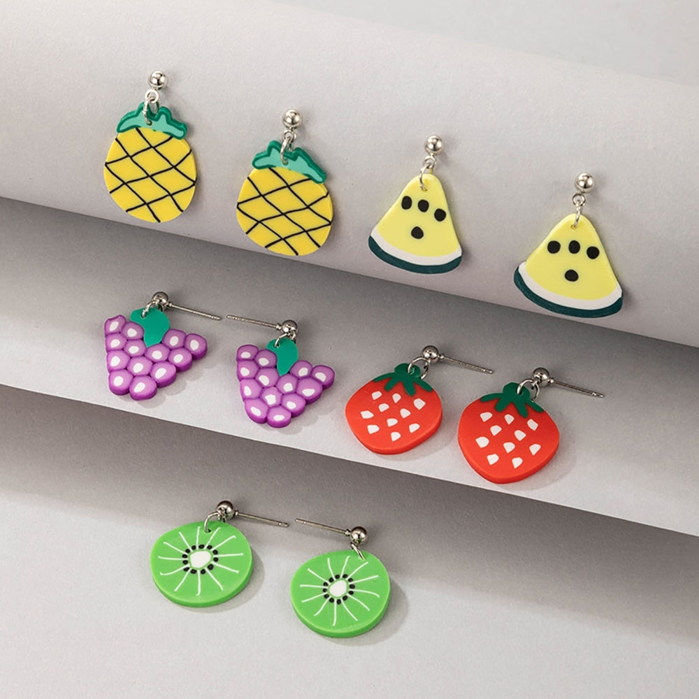 5 Pairs Dangle Earrings Cute Fruit Shape Polymer Clay Durable Lady Drop Earrings for Dating Image 2