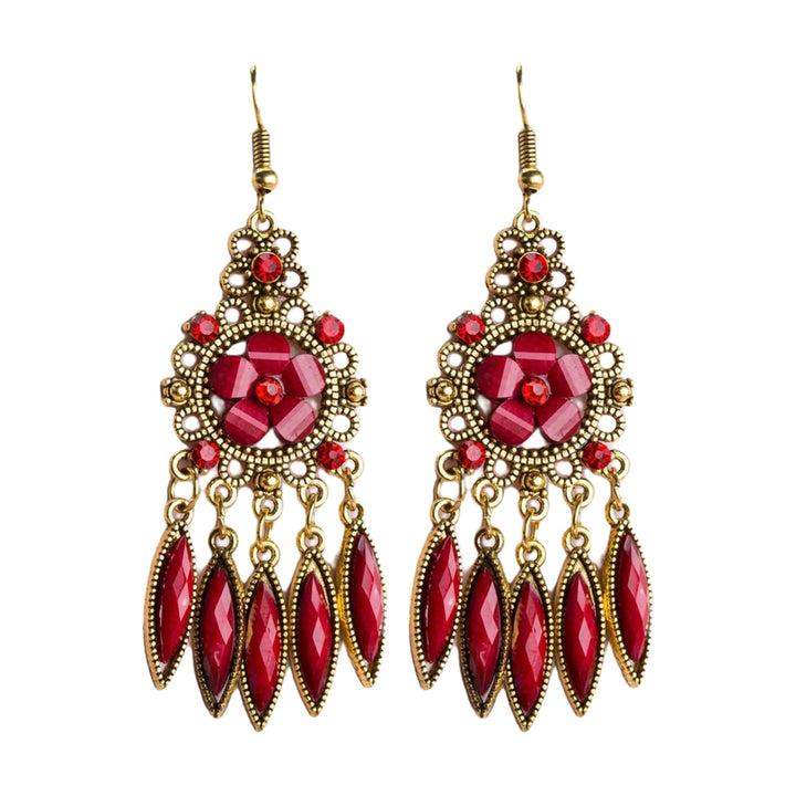 1 Pair Women Earrings Flower Shape Tassel Shiny Rhinestone Drop Earrings for Prom Image 2