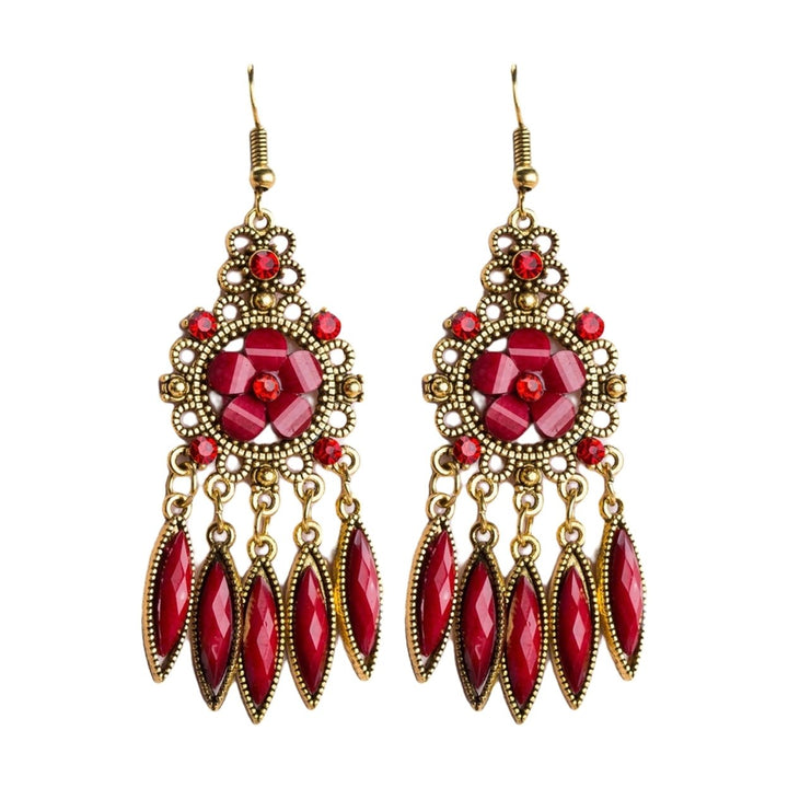 1 Pair Women Earrings Flower Shape Tassel Shiny Rhinestone Drop Earrings for Prom Image 1