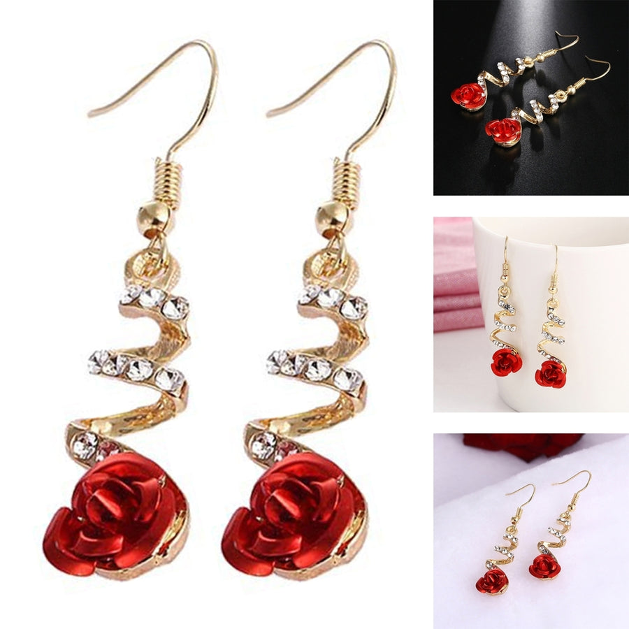 1 Pair Women Earrings Red Rose Big Rhinestone Spiral Charming Hook Earrings for Gift Image 1