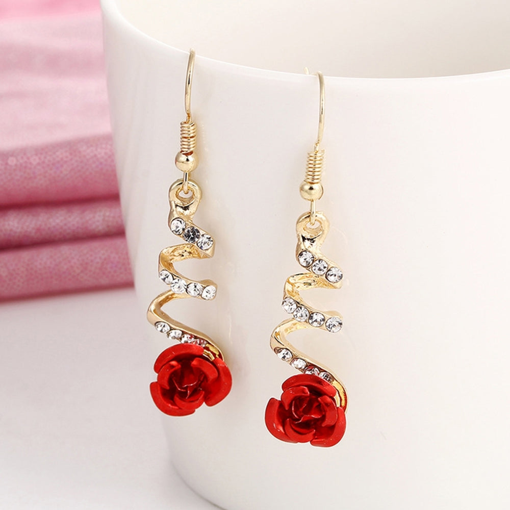 1 Pair Women Earrings Red Rose Big Rhinestone Spiral Charming Hook Earrings for Gift Image 2