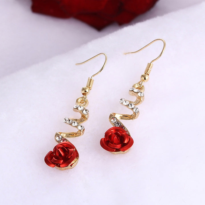1 Pair Women Earrings Red Rose Big Rhinestone Spiral Charming Hook Earrings for Gift Image 4