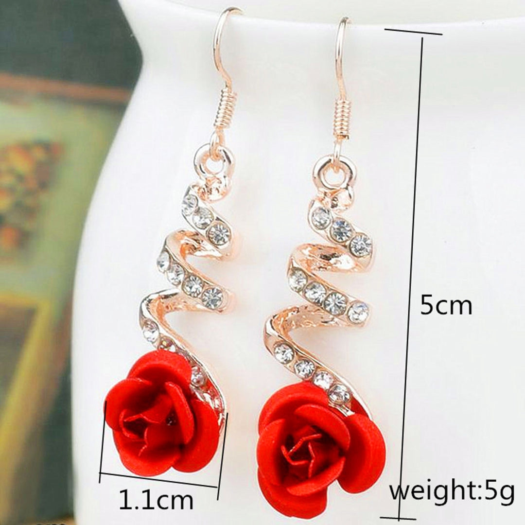 1 Pair Women Earrings Red Rose Big Rhinestone Spiral Charming Hook Earrings for Gift Image 6