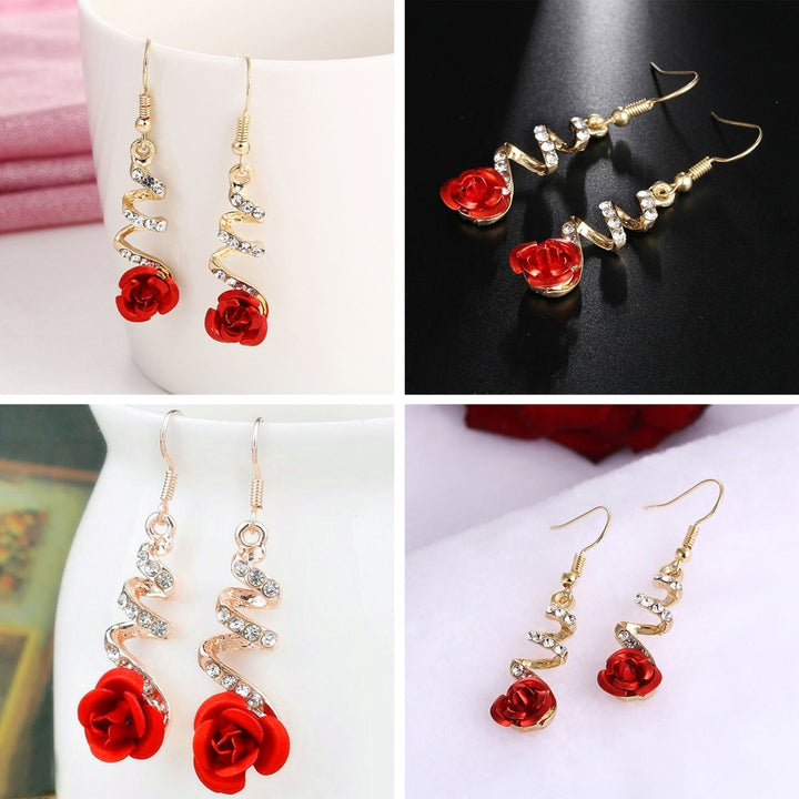 1 Pair Women Earrings Red Rose Big Rhinestone Spiral Charming Hook Earrings for Gift Image 7