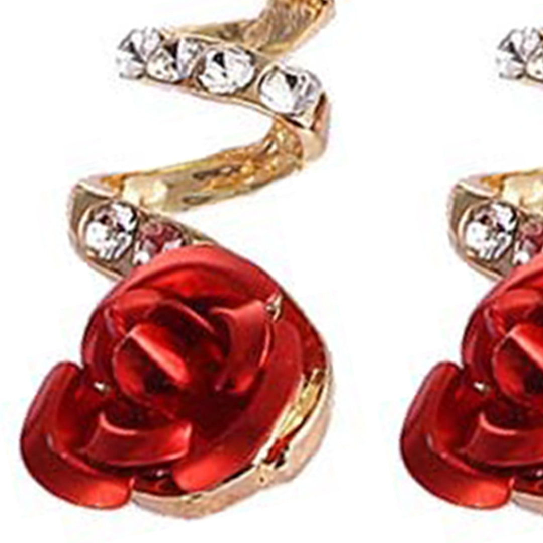 1 Pair Women Earrings Red Rose Big Rhinestone Spiral Charming Hook Earrings for Gift Image 8