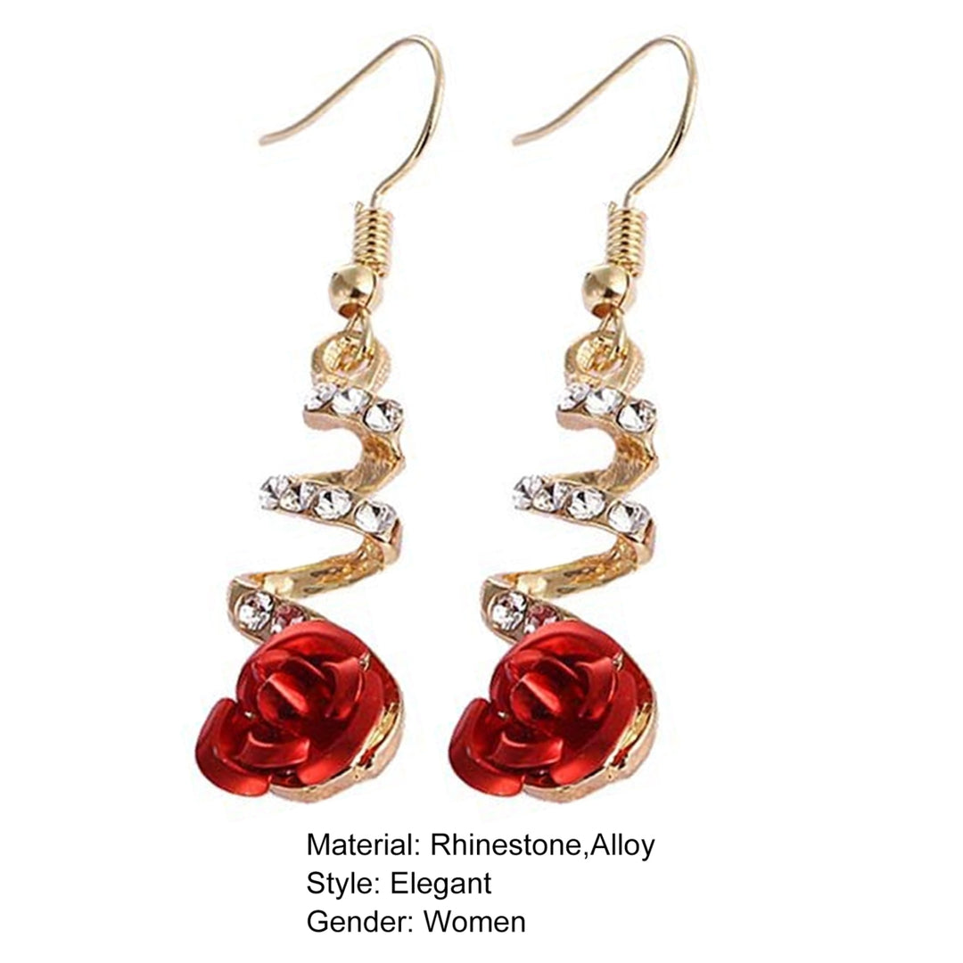 1 Pair Women Earrings Red Rose Big Rhinestone Spiral Charming Hook Earrings for Gift Image 11