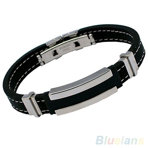 Mens Punk Watch Clasp Stylestainless Steel Rubber Bracelet Fashion Bangle Image 1