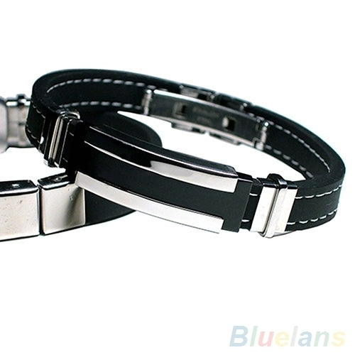 Mens Punk Watch Clasp Stylestainless Steel Rubber Bracelet Fashion Bangle Image 2