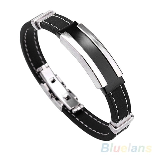 Mens Punk Watch Clasp Stylestainless Steel Rubber Bracelet Fashion Bangle Image 3