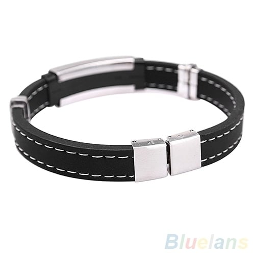 Mens Punk Watch Clasp Stylestainless Steel Rubber Bracelet Fashion Bangle Image 4