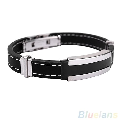 Mens Punk Watch Clasp Stylestainless Steel Rubber Bracelet Fashion Bangle Image 4