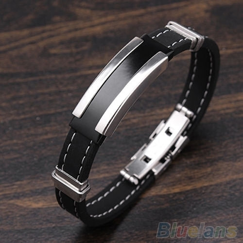 Mens Punk Watch Clasp Stylestainless Steel Rubber Bracelet Fashion Bangle Image 8