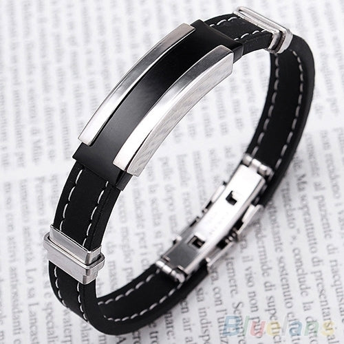 Mens Punk Watch Clasp Stylestainless Steel Rubber Bracelet Fashion Bangle Image 9