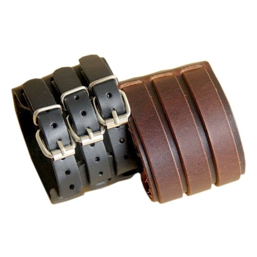 Men Fashion Multilayer Belt Faux Leather Bracelet 3 Buckles Wristband Cuff Bangle Image 1