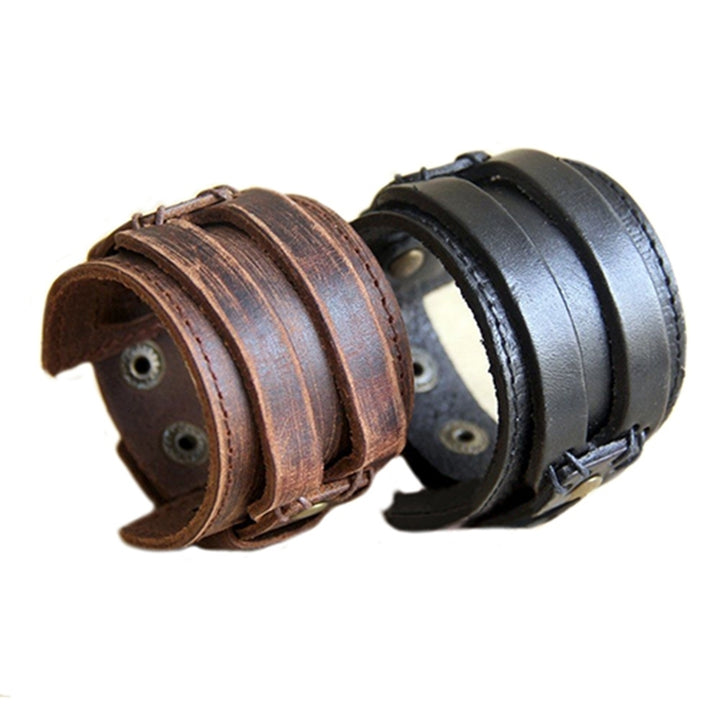 Mens Retro Faux Leather Buckle Punk Cuff Bangle Wristband Bracelet Jewelry Image 1