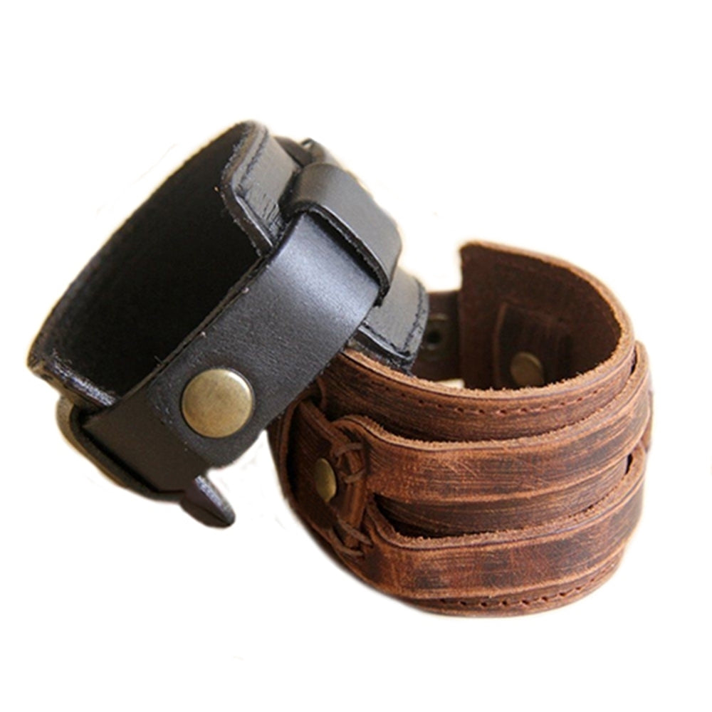 Mens Retro Faux Leather Buckle Punk Cuff Bangle Wristband Bracelet Jewelry Image 2