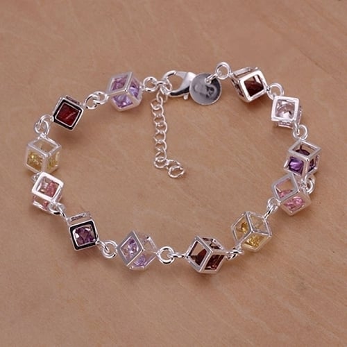 Fashion Women Silver Plated Cube Colorful CZ Bracelet Bangle Jewelry Gifts Image 1