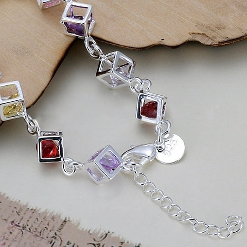 Fashion Women Silver Plated Cube Colorful CZ Bracelet Bangle Jewelry Gifts Image 2