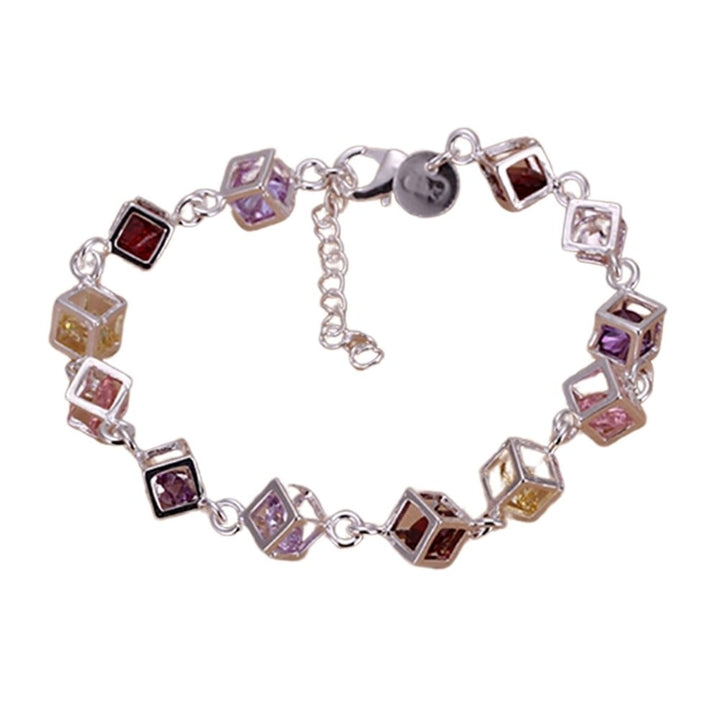 Fashion Women Silver Plated Cube Colorful CZ Bracelet Bangle Jewelry Gifts Image 3