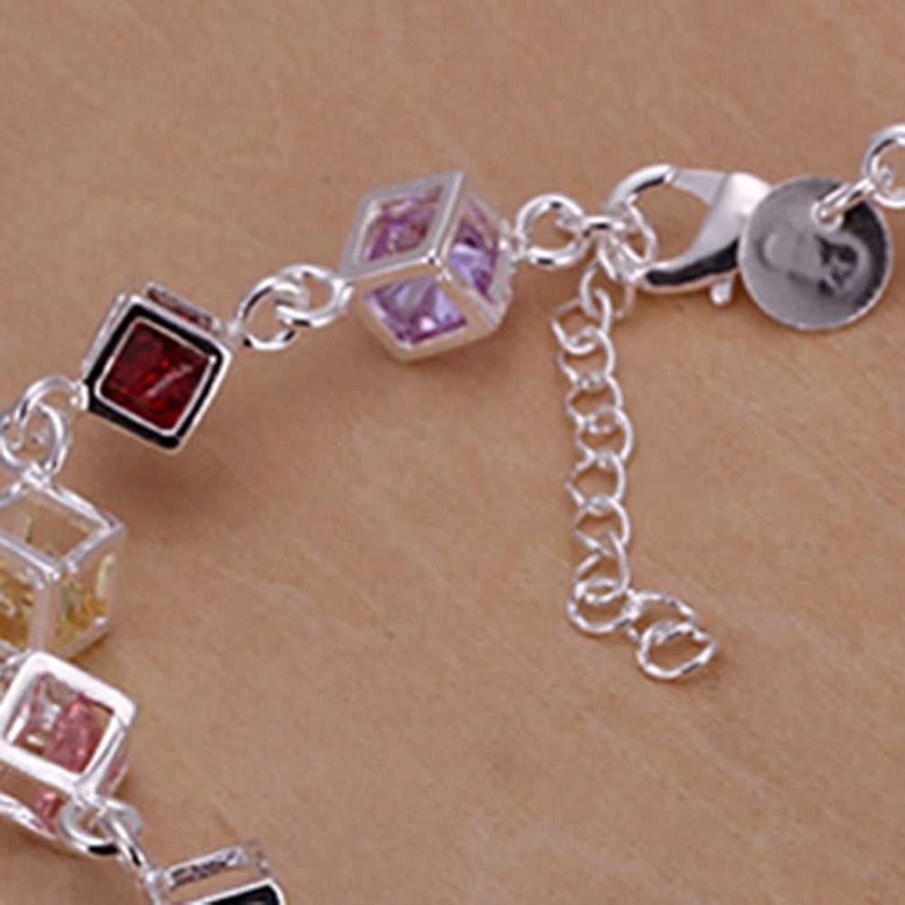 Fashion Women Silver Plated Cube Colorful CZ Bracelet Bangle Jewelry Gifts Image 4