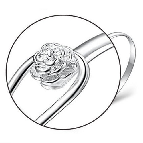 Womens Simple Elegant Silver Plated Rose Decor Circle Cuff Bangle Bracelet Image 3