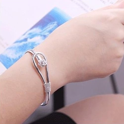 Womens Simple Elegant Silver Plated Rose Decor Circle Cuff Bangle Bracelet Image 4