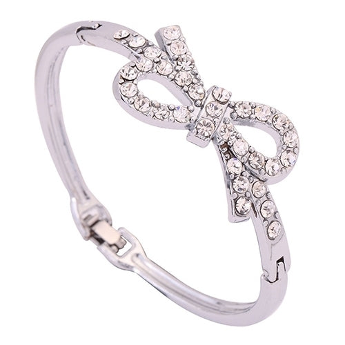 Fashion Hollow Bowknot Design Rhinestone Inlay Bracelet Silver Plated Bangle Image 1