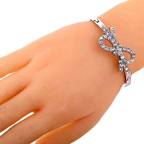 Fashion Hollow Bowknot Design Rhinestone Inlay Bracelet Silver Plated Bangle Image 2