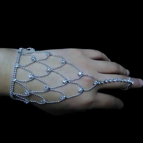 Women Rhinestone Jewelry Hand Harness Bracelet Finger Ring Cuff Bridal Wedding Image 1