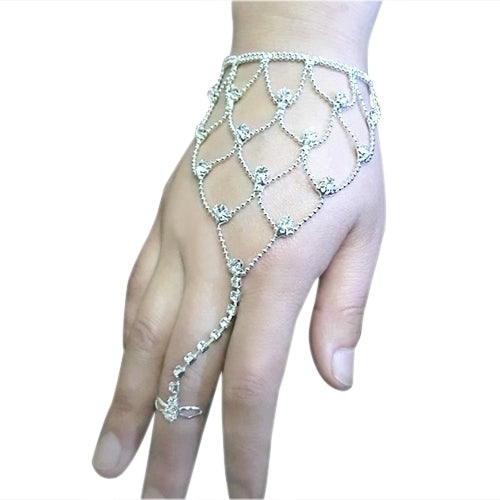 Women Rhinestone Jewelry Hand Harness Bracelet Finger Ring Cuff Bridal Wedding Image 3