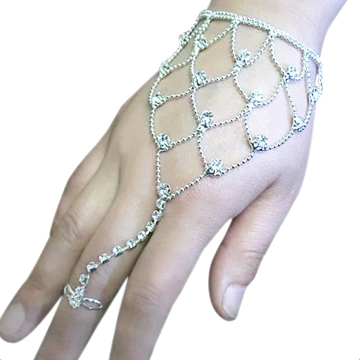 Women Rhinestone Jewelry Hand Harness Bracelet Finger Ring Cuff Bridal Wedding Image 4