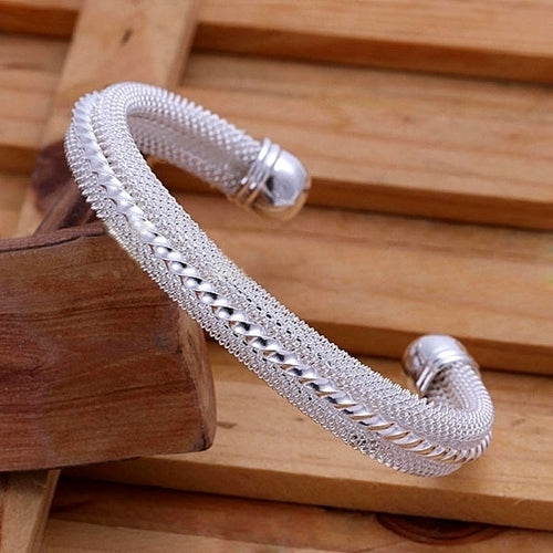 Women Casual Mesh Twisted Carving Band Silver Plated Bangle Bracelet Jewelry Image 3