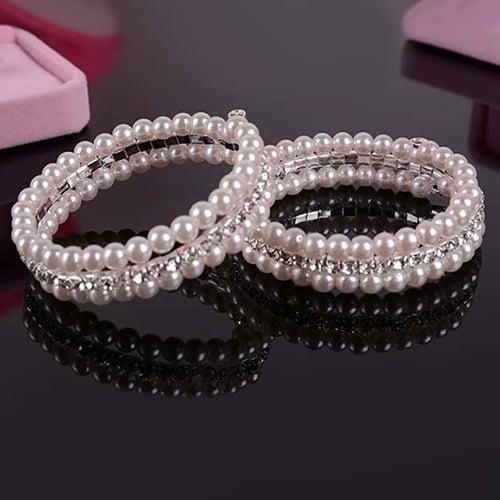 Womens Fashion Elegant White Faux Pearls Rhinestone Stretch Bangle Bracelet Image 1