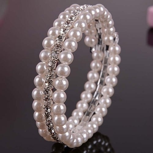 Womens Fashion Elegant White Faux Pearls Rhinestone Stretch Bangle Bracelet Image 2