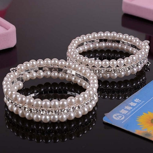 Womens Fashion Elegant White Faux Pearls Rhinestone Stretch Bangle Bracelet Image 3