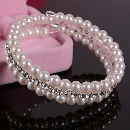 Womens Fashion Elegant White Faux Pearls Rhinestone Stretch Bangle Bracelet Image 4