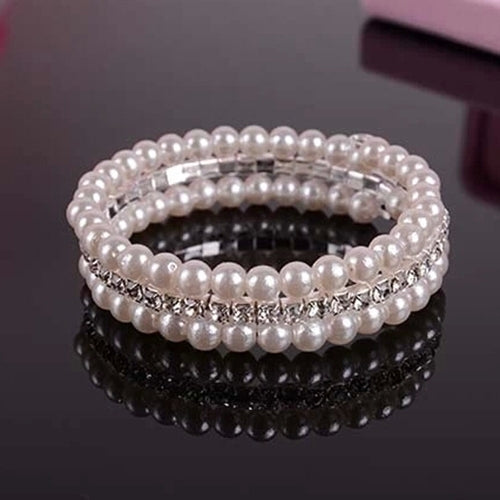 Womens Fashion Elegant White Faux Pearls Rhinestone Stretch Bangle Bracelet Image 4