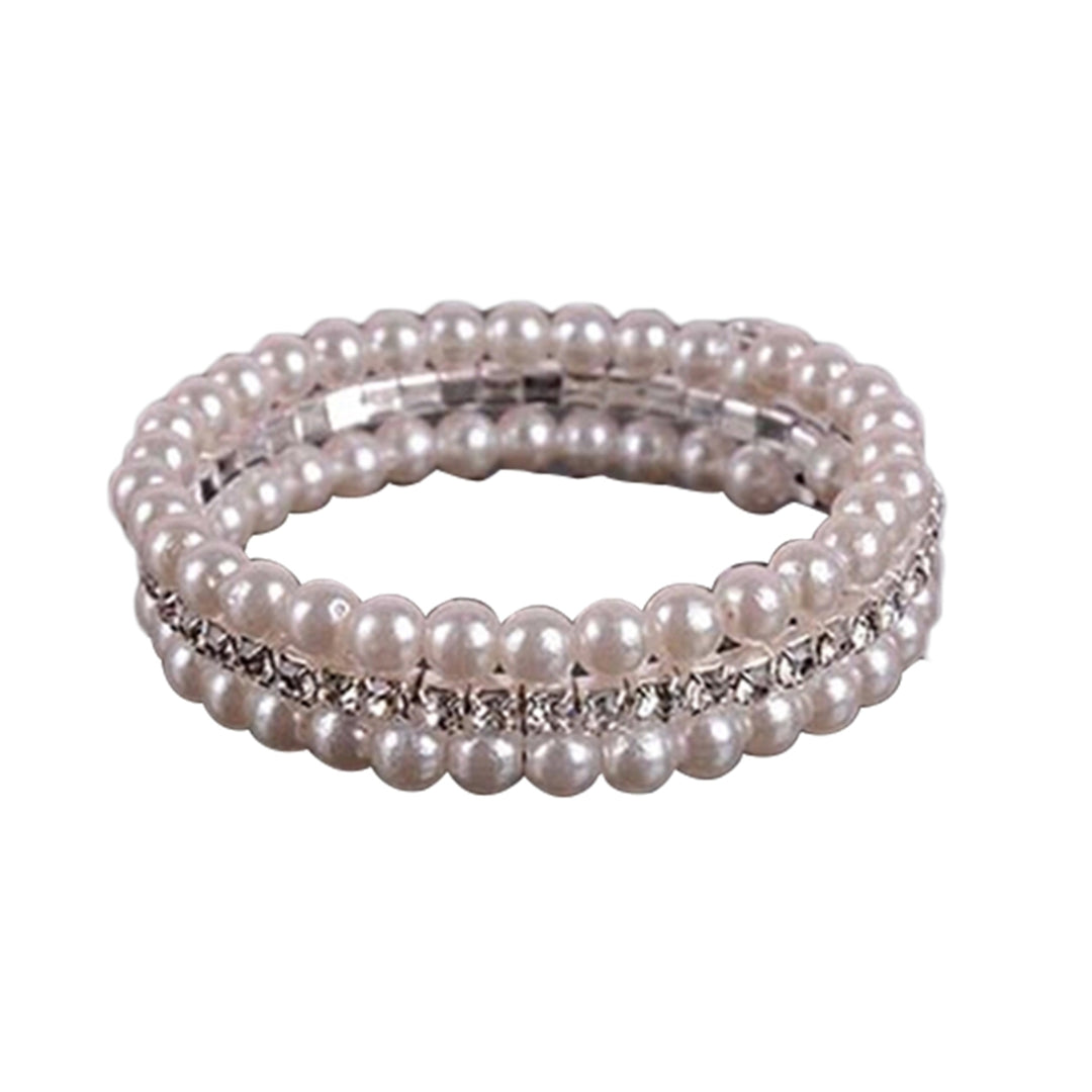 Womens Fashion Elegant White Faux Pearls Rhinestone Stretch Bangle Bracelet Image 6