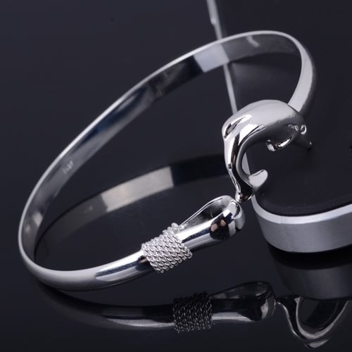 Womens Fashion Silver Plated Dolphin Wristband Bangle Cuff Bracelet Jewelry Image 3