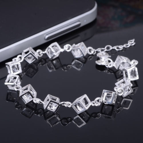 Womens Silver Plated Cube Clear Rhinestone Bracelet Engagement Party Jewelry Image 1