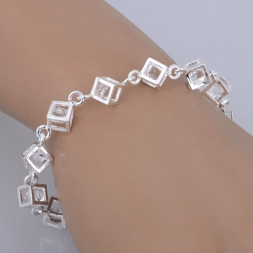 Womens Silver Plated Cube Clear Rhinestone Bracelet Engagement Party Jewelry Image 7