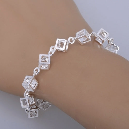 Womens Silver Plated Cube Clear Rhinestone Bracelet Engagement Party Jewelry Image 8