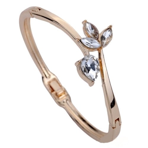 Womens Rose Gold Plated Rhinestone Inlaid Flower Slender Cuff Bangle Bracelet Image 1