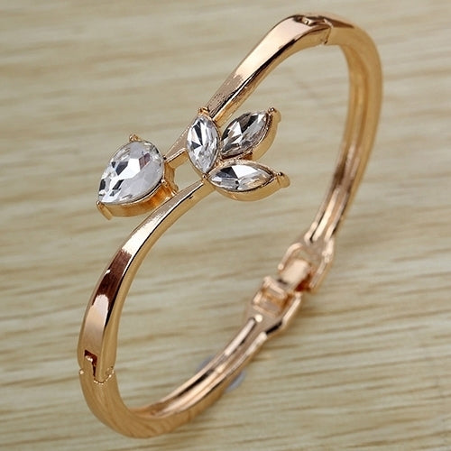 Womens Rose Gold Plated Rhinestone Inlaid Flower Slender Cuff Bangle Bracelet Image 2