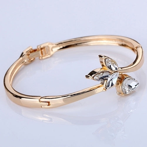 Womens Rose Gold Plated Rhinestone Inlaid Flower Slender Cuff Bangle Bracelet Image 3