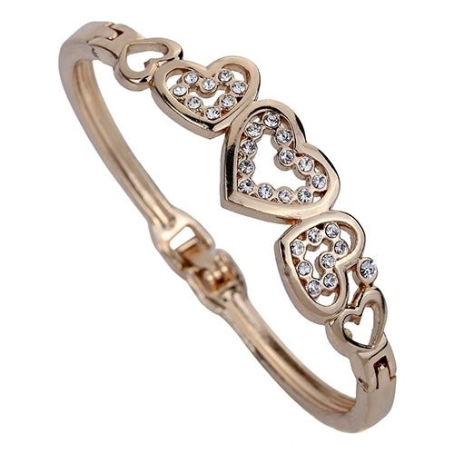 Women Chic Party Hollow Inlay Rhinestone Heart Bangle Rose Gold Alloy Bracelet Image 1