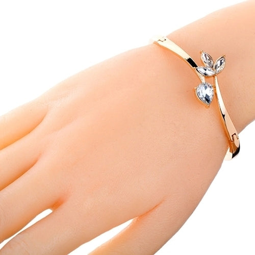 Womens Rose Gold Plated Rhinestone Inlaid Flower Slender Cuff Bangle Bracelet Image 4