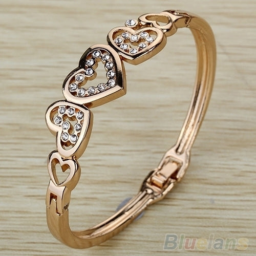 Women Chic Party Hollow Inlay Rhinestone Heart Bangle Rose Gold Alloy Bracelet Image 2